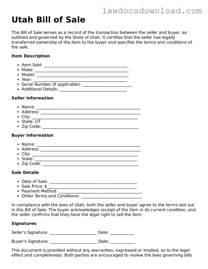 Legal Utah Bill of Sale Form