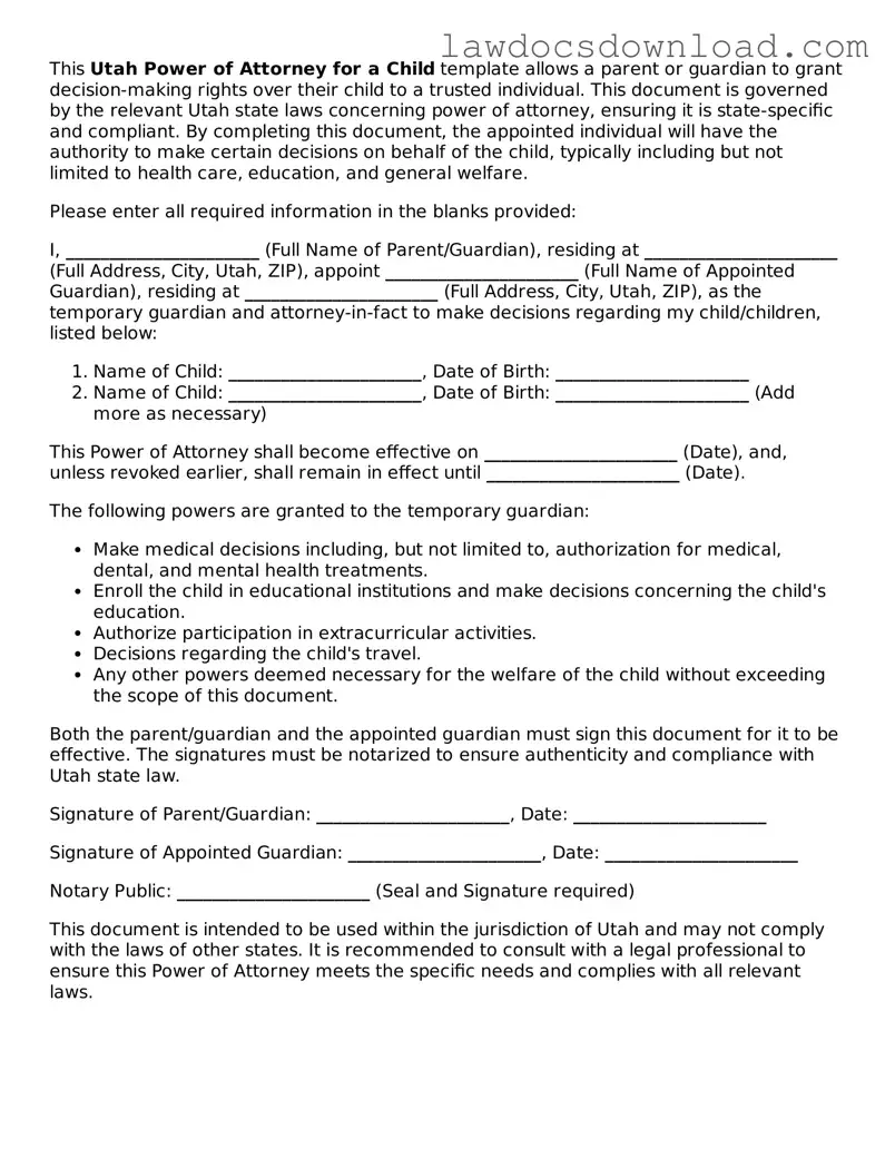 Legal Utah Power of Attorney for a Child Form