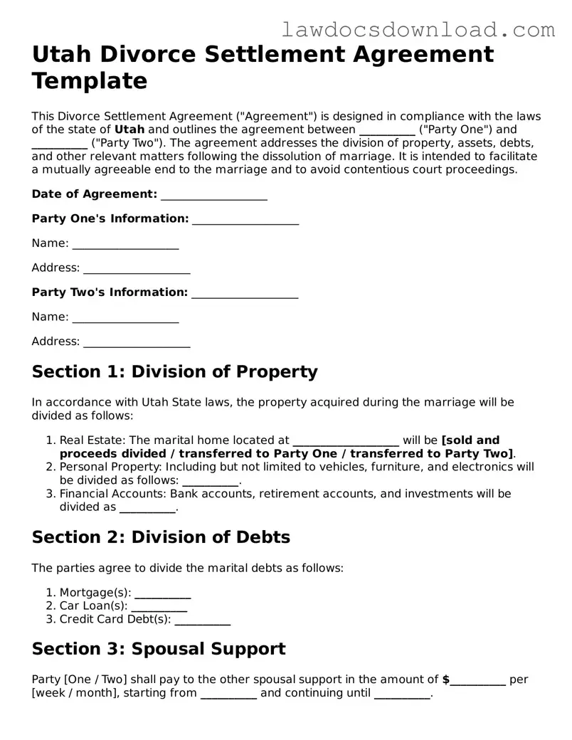 Legal Utah Divorce Settlement Agreement Form