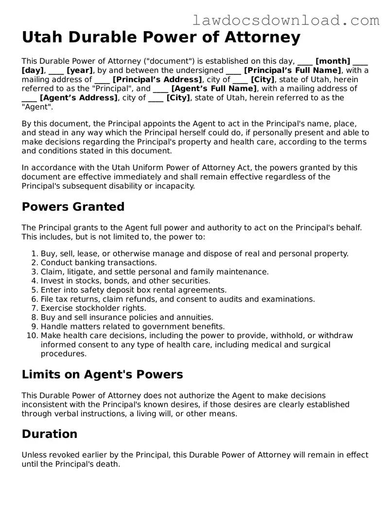 Legal Utah Durable Power of Attorney Form