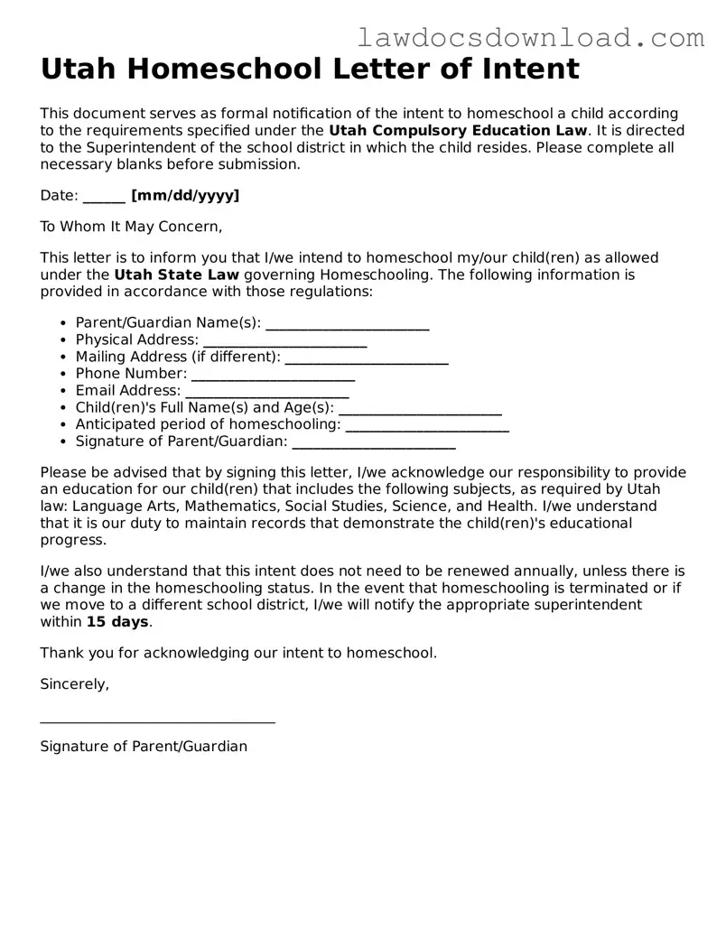 Legal Utah Homeschool Letter of Intent Form