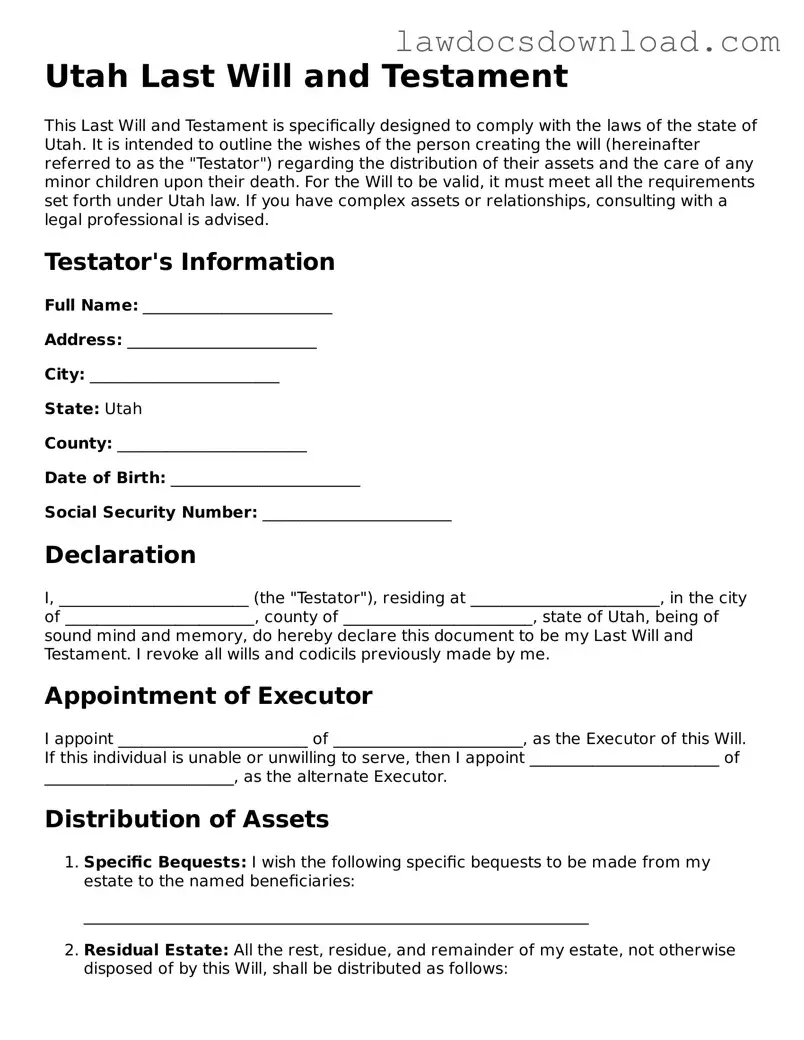 Legal Utah Last Will and Testament Form