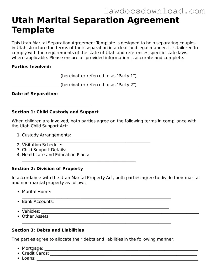 Legal Utah Marital Separation Agreement Form