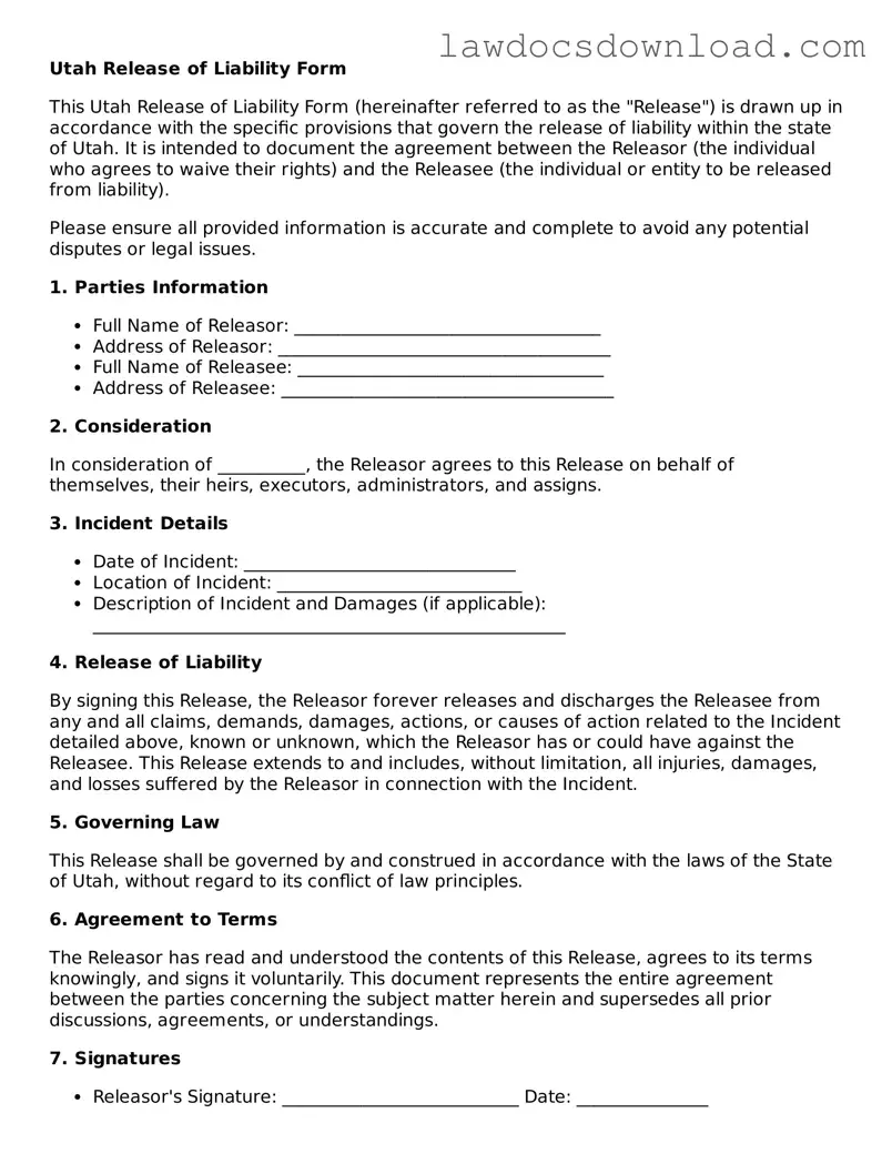 Legal Utah Release of Liability Form