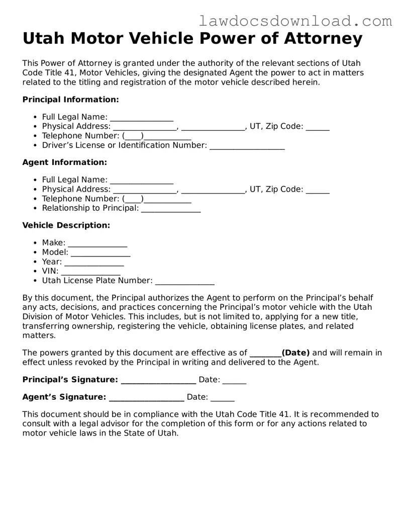 Legal Utah Motor Vehicle Power of Attorney Form