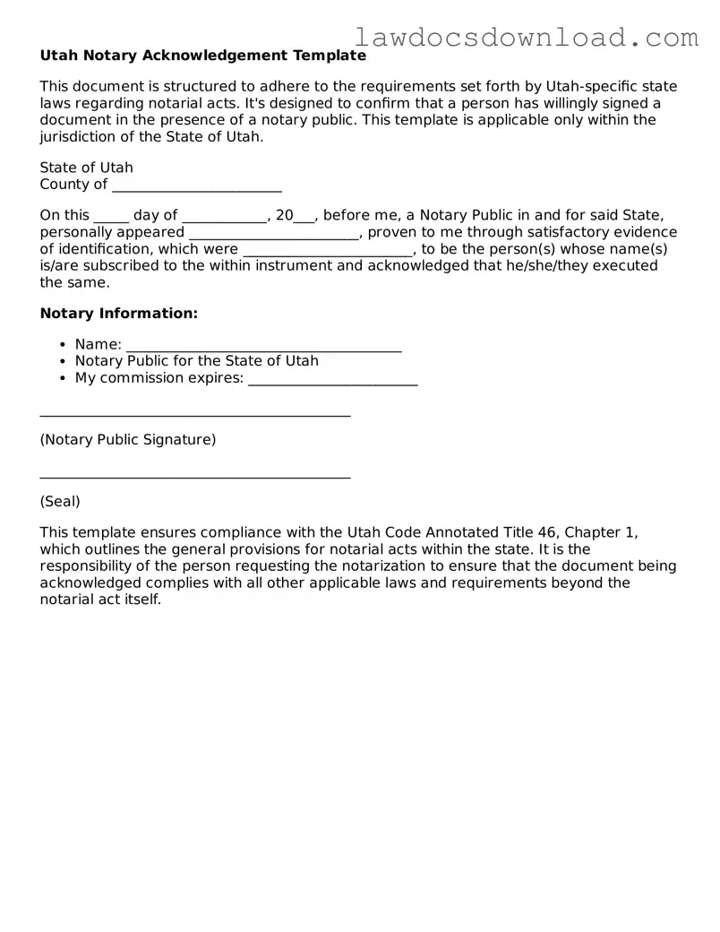 Legal Utah Notary Acknowledgement Form