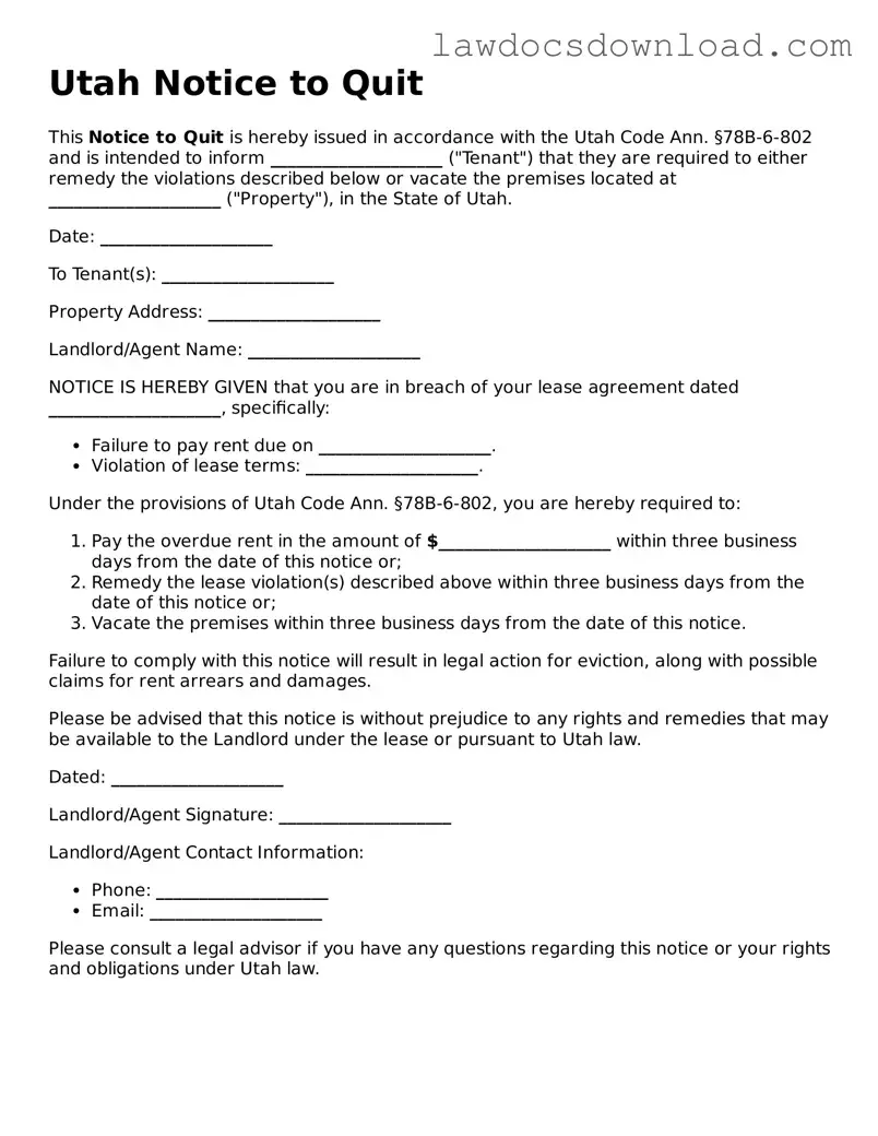 Legal Utah Notice to Quit Form