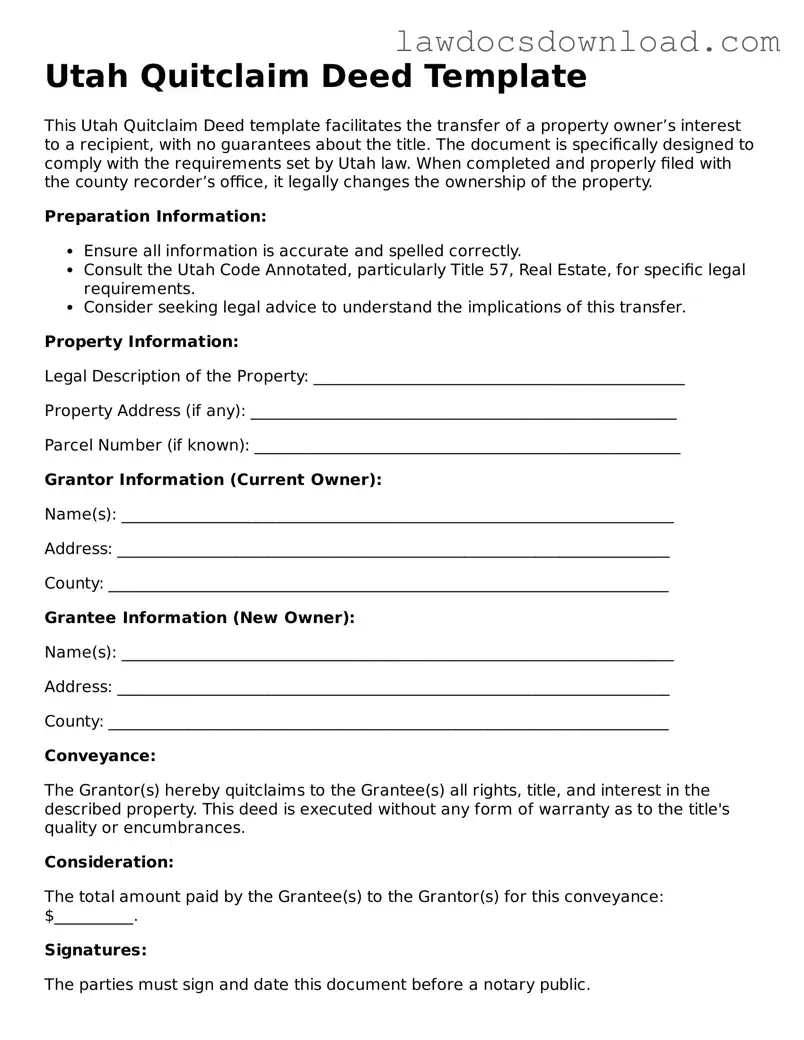 Legal Utah Quitclaim Deed Form