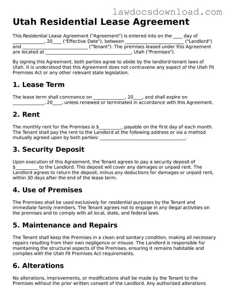 Legal Utah Residential Lease Agreement Form