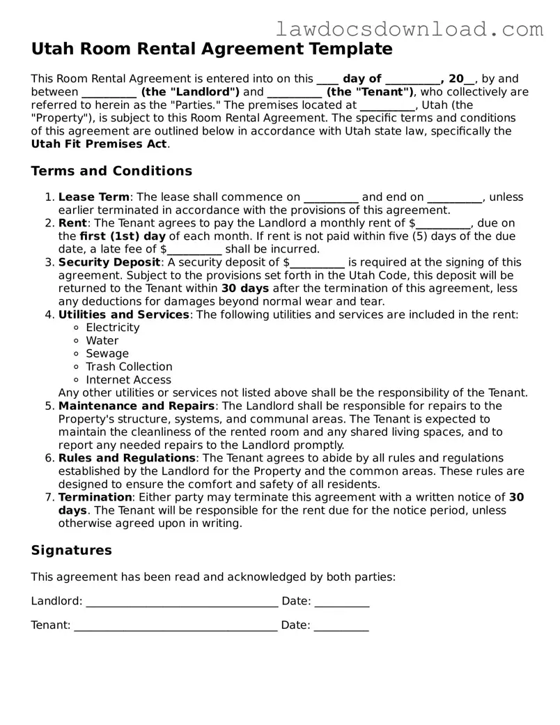 Legal Utah Room Rental Agreement Form