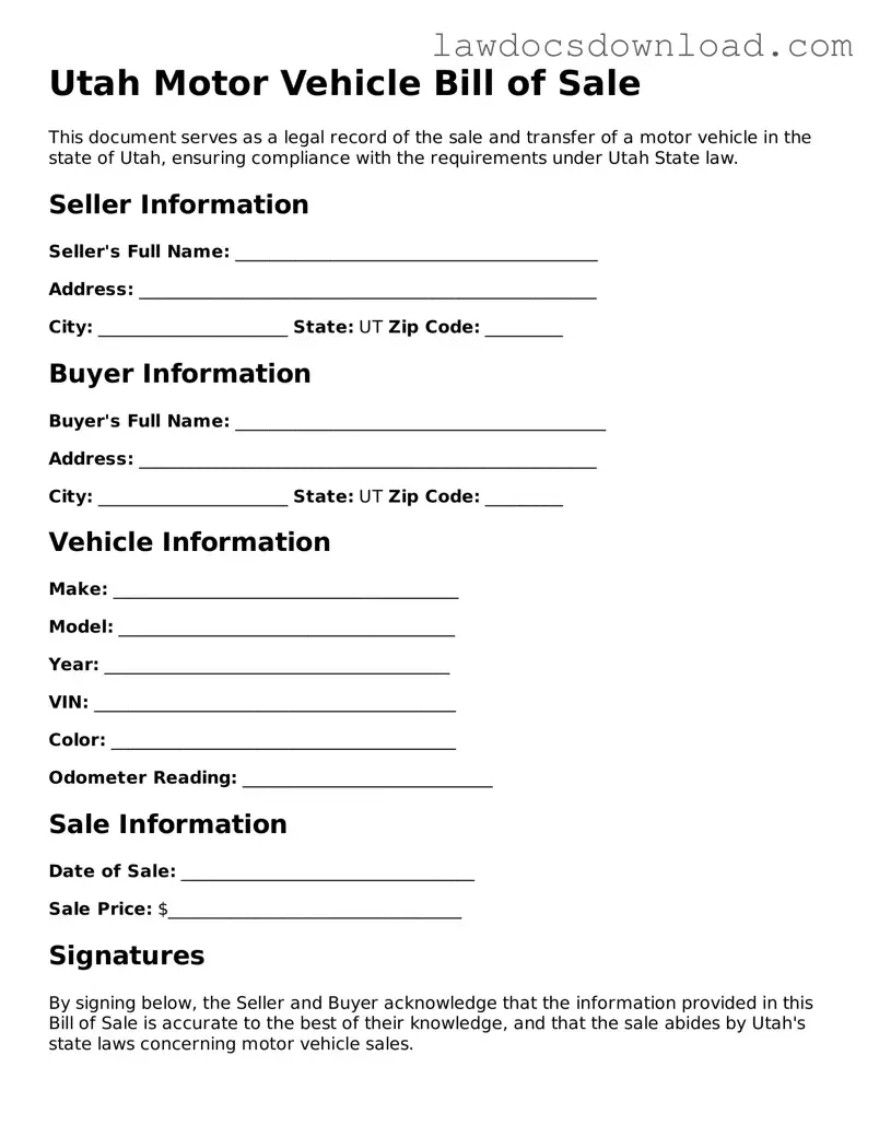 Legal Utah Motor Vehicle Bill of Sale Form