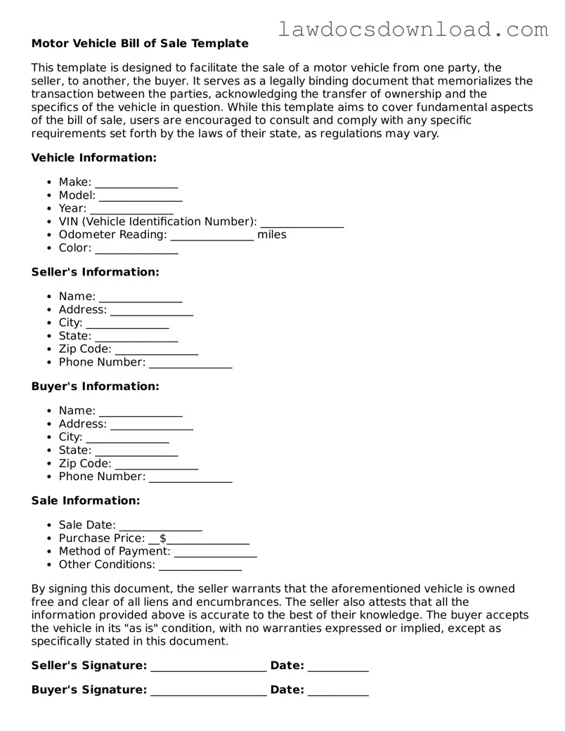 Blank Motor Vehicle Bill of Sale Template