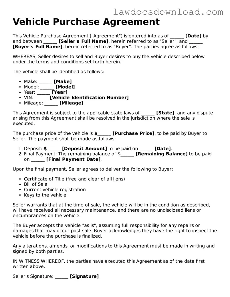 Blank Vehicle Purchase Agreement Template